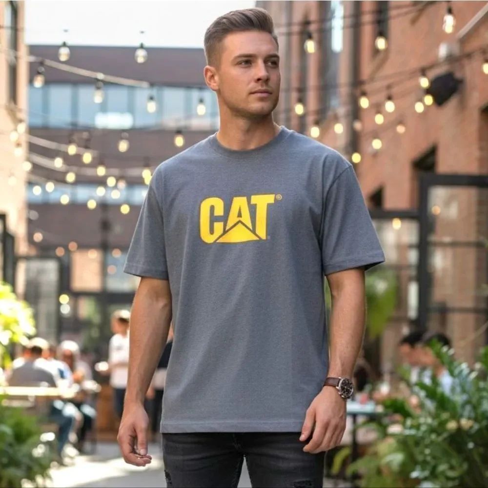CAT Men's Gray T-Shirt with Yellow Logo